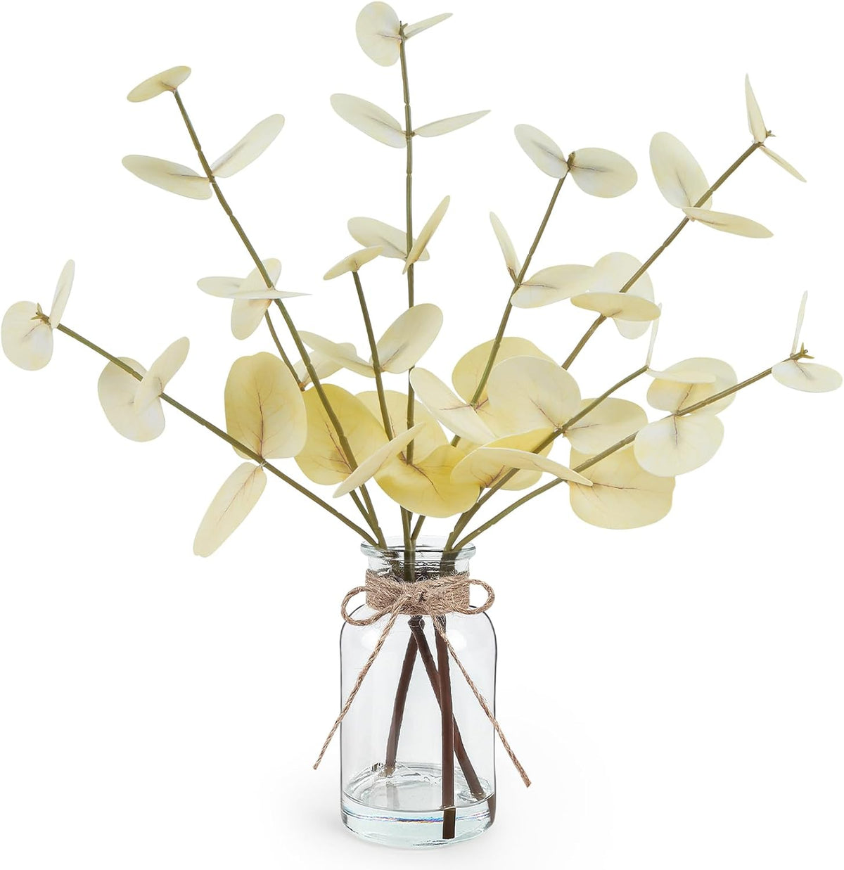 Bessol Artificial Eucalyptus Stems in Glass Vase with Faux Water, 13.5" Fake Plants for Home Decor, Coffee Table Centerpieces, Office, Bathroom & Farmhouse - Green Faux Plants Decorations