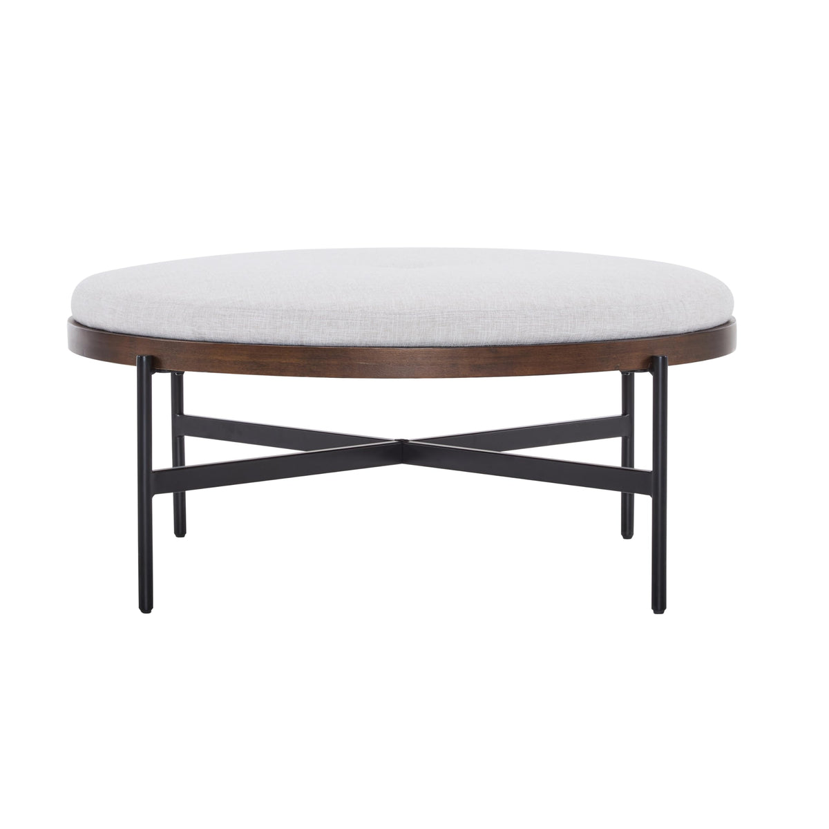 Christopher Knight Home Neapo Round Ottoman, Cocktail Ottoman, Upholstery Coffee Table, X Shape Legs, Comfortable Footstool, Durable Metal Frame, Spacious Seating for Living Room Entryway, Beige+Black