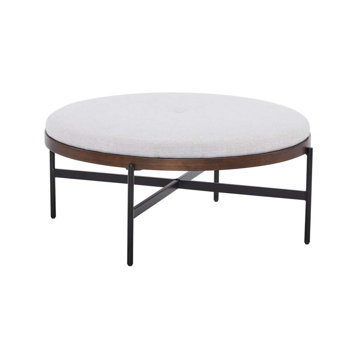 Christopher Knight Home Neapo Round Ottoman, Cocktail Ottoman, Upholstery Coffee Table, X Shape Legs, Comfortable Footstool, Durable Metal Frame, Spacious Seating for Living Room Entryway, Beige+Black