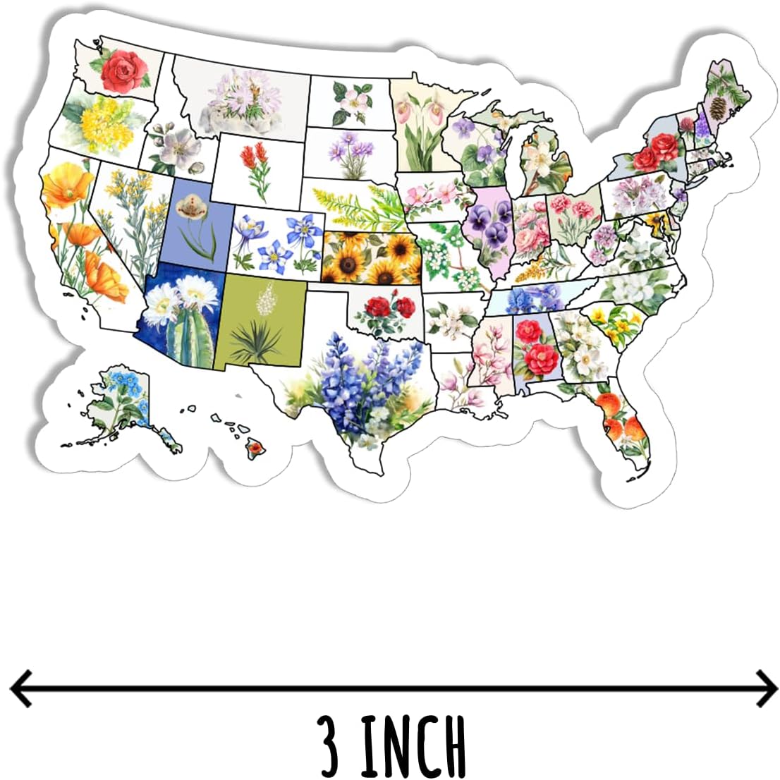3Pcs Us State Map Flowers Sticker - Flower Lover - Travel - Funny - Sticker for Water Bottle - Mug - Laptop - Notebook - Luggage