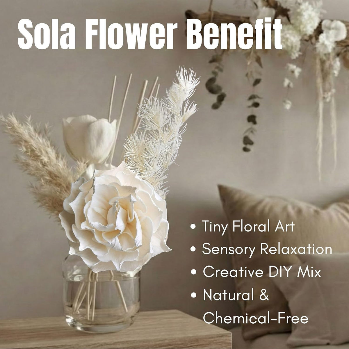 4 Mixed Sola Flower Eco-Friendly Fragrance Diffuser, Handmade Thai Wood Flowers for Home Scenting and Wellness Decor