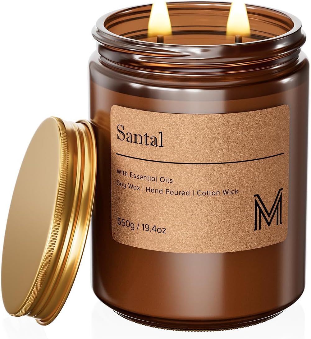 M&SENSE Santal Scented Small Candle, 7.5Oz Aromatherapy Candle for Home Fragrance, Soy Wax Candles Gift for Birthday, Housewarming, Amber Jar Candle for Stress Relief