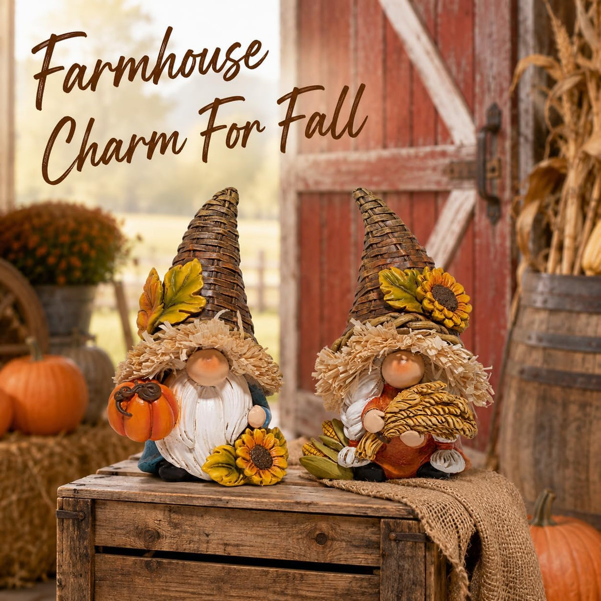 Hodao Thanksgiving Decor Harvest Elf Figurines with Pumpkin Sunflower