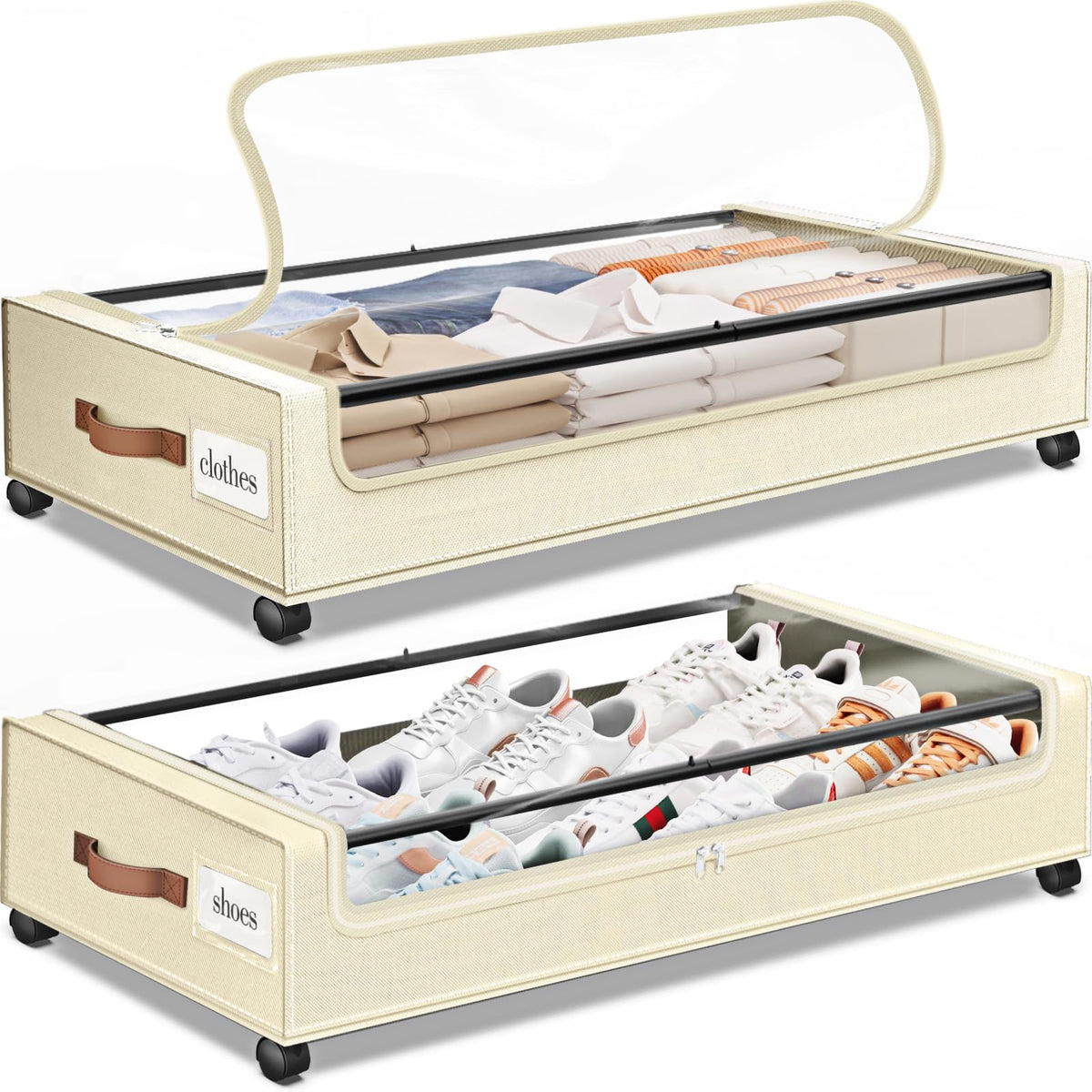 SpaceHacks Under Bed Drawers with Wheels, Clear Window & Label - Large Capacity Rolling Storage for Clothes, Shoes, Blankets