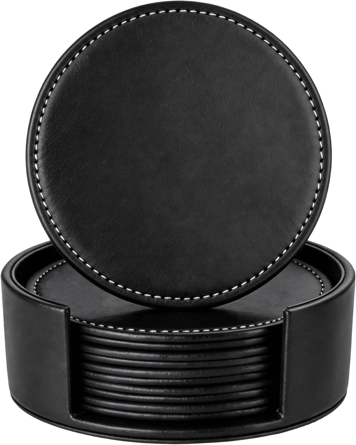 Set of 6 Round Leather Coasters for Drinks with Holder, 4" (Brown)