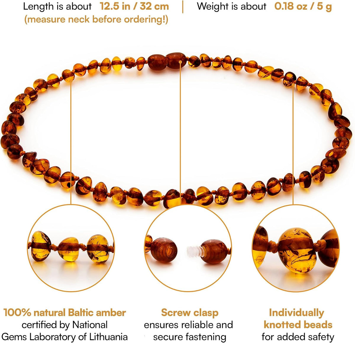 Amber Guru Baltic Amber Necklace (Authentic, Certified) - 12.5 inches - Unisex Jewelry - Polished Real Amber Beads - Proud to Deliver Genuine Baltic Sea Wonder - Handmade