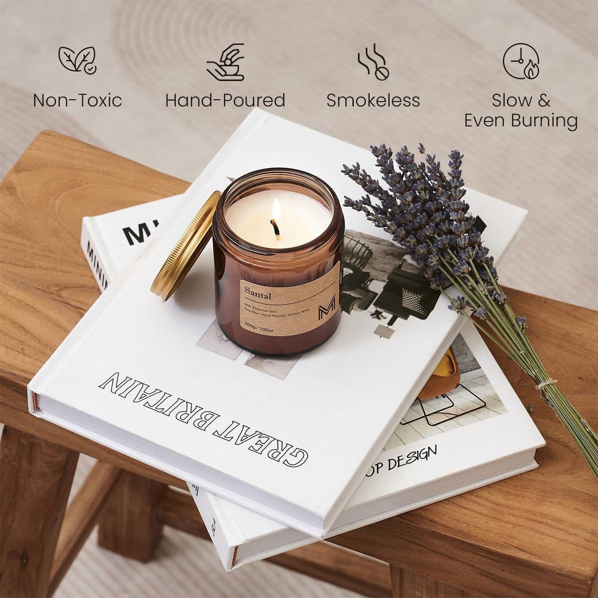 M&SENSE Santal Scented Small Candle, 7.5Oz Aromatherapy Candle for Home Fragrance, Soy Wax Candles Gift for Birthday, Housewarming, Amber Jar Candle for Stress Relief