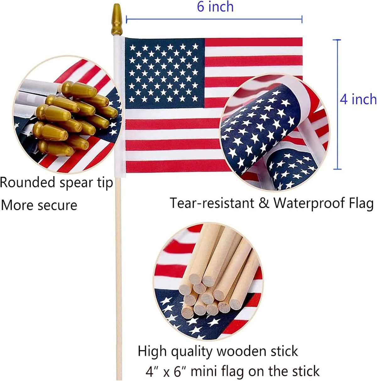 100 Pack Small American Flags on Stick, 4x6 Inch US HandHeld Stick Flags