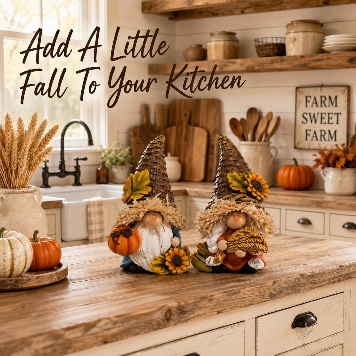 Hodao Thanksgiving Decor Harvest Elf Figurines with Pumpkin Sunflower