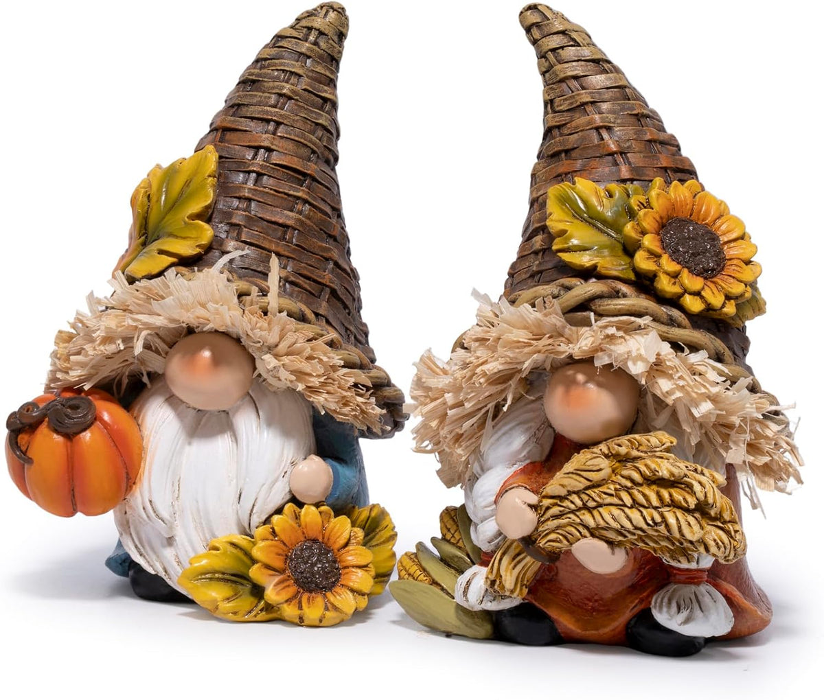 Hodao Thanksgiving Decor Harvest Elf Figurines with Pumpkin Sunflower
