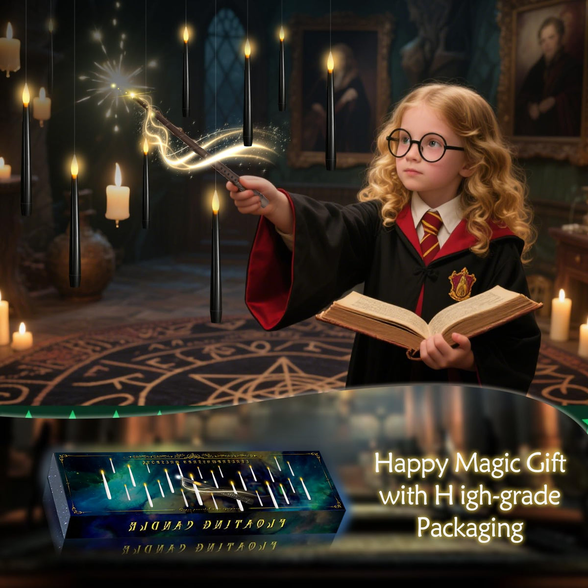 kakoya Flameless Floating Candles with Wand，20 Pcs Magic LED Hanging Taper Candles，Flickering Battery Operated Taper Candle with Wand Remote for Halloween Decorations Best Gift（White）