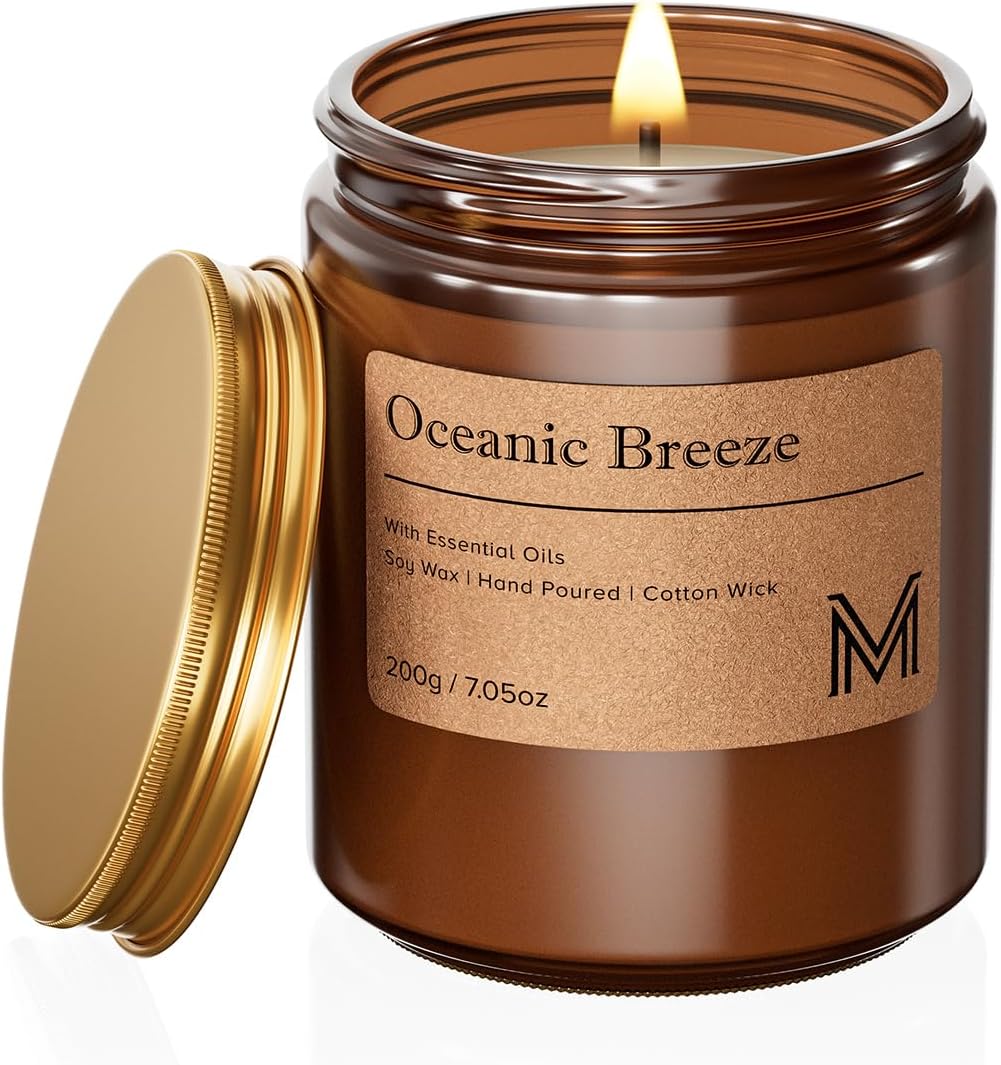 M&SENSE Santal Scented Small Candle, 7.5Oz Aromatherapy Candle for Home Fragrance, Soy Wax Candles Gift for Birthday, Housewarming, Amber Jar Candle for Stress Relief