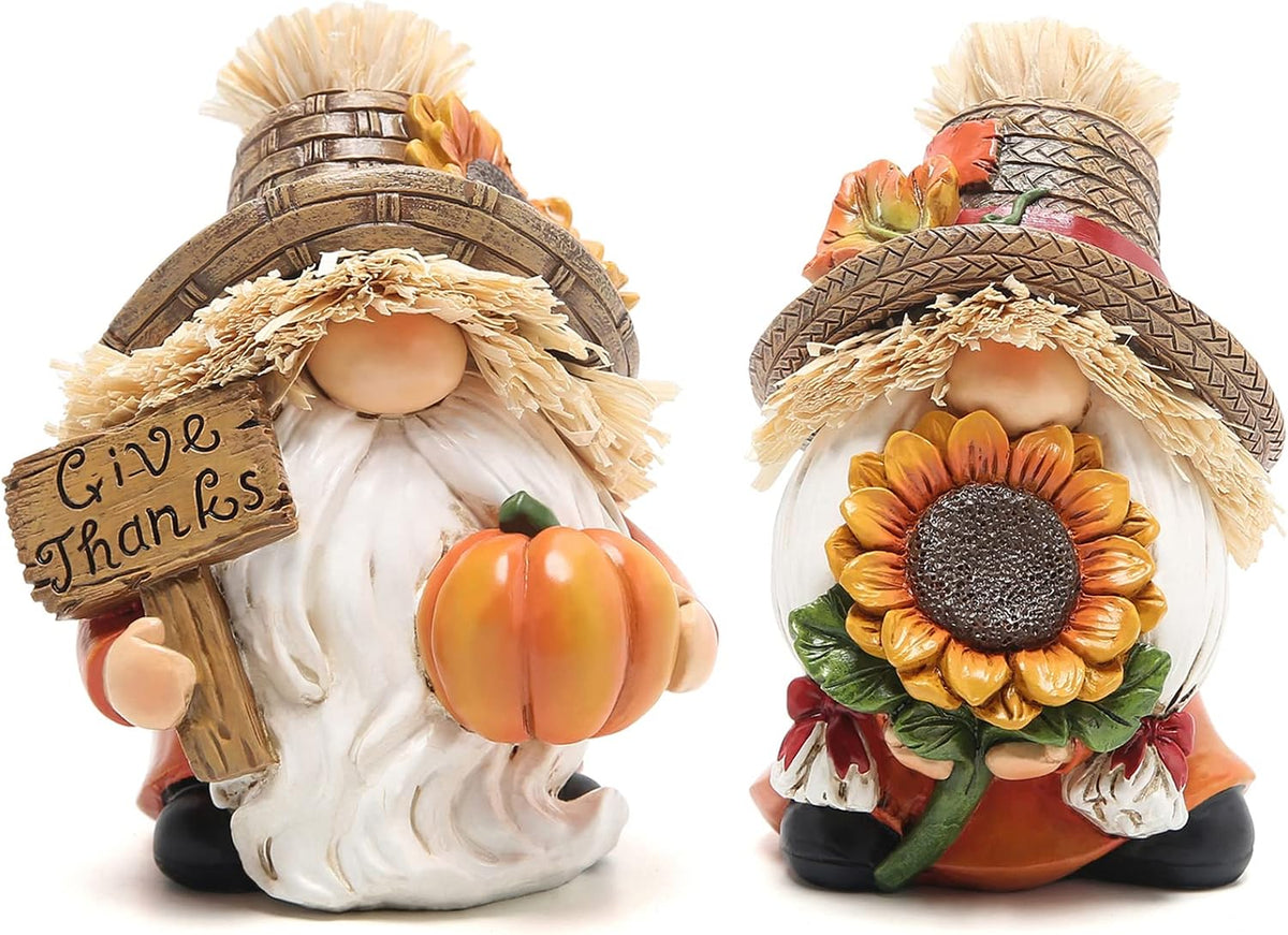 Hodao Thanksgiving Decor Harvest Elf Figurines with Pumpkin Sunflower