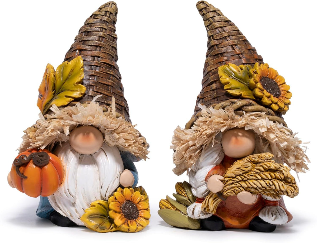 Hodao Thanksgiving Decor Harvest Elf Figurines with Pumpkin Sunflower