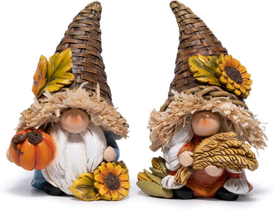 Hodao Thanksgiving Decor Harvest Elf Figurines with Pumpkin Sunflower