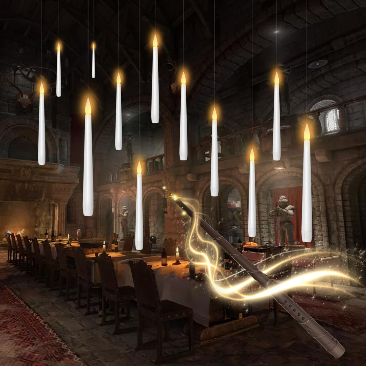 kakoya Flameless Floating Candles with Wand，20 Pcs Magic LED Hanging Taper Candles，Flickering Battery Operated Taper Candle with Wand Remote for Halloween Decorations Best Gift（White）