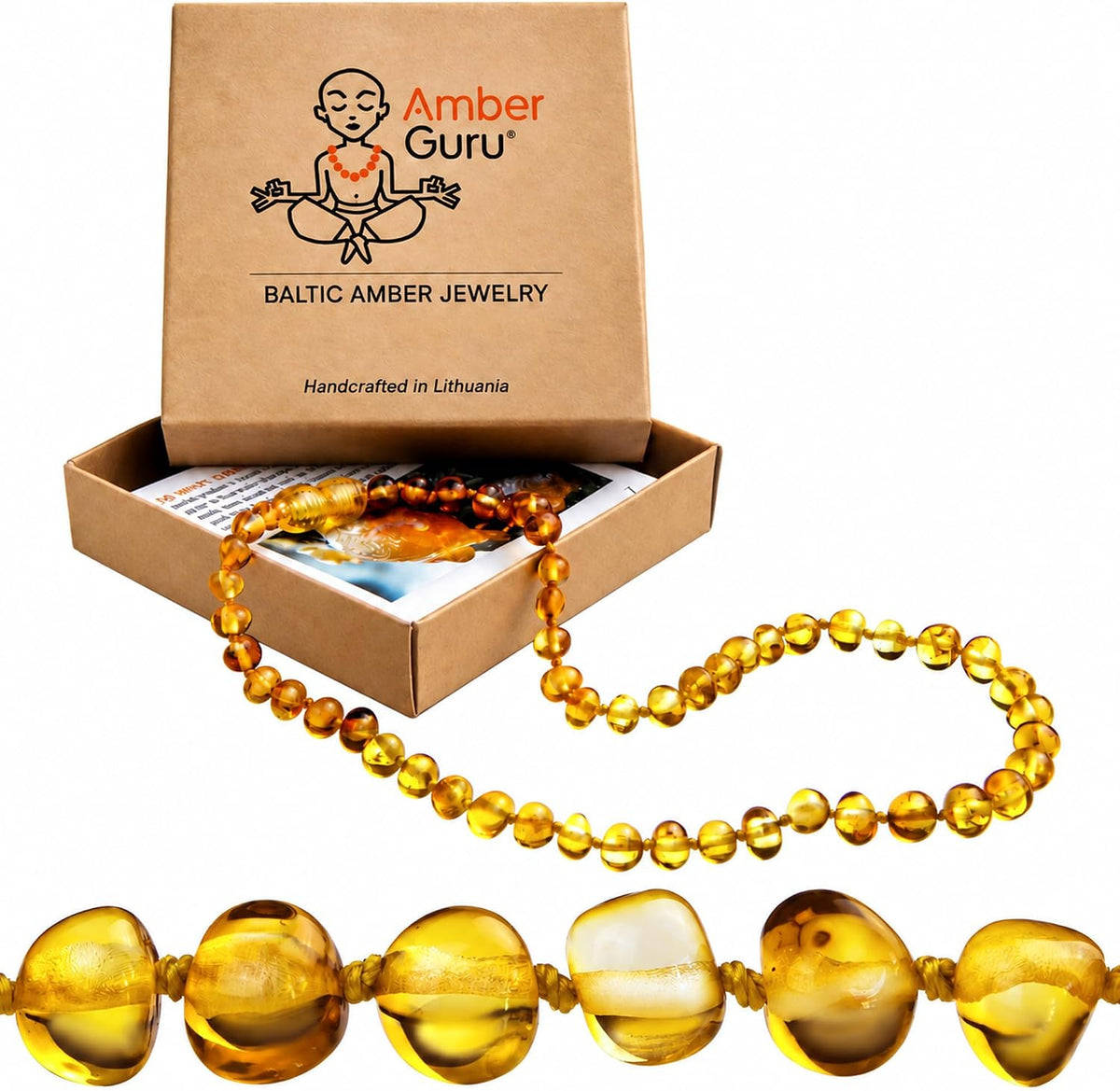 Amber Guru Baltic Amber Necklace (Authentic, Certified) - 12.5 inches - Unisex Jewelry - Polished Real Amber Beads - Proud to Deliver Genuine Baltic Sea Wonder - Handmade