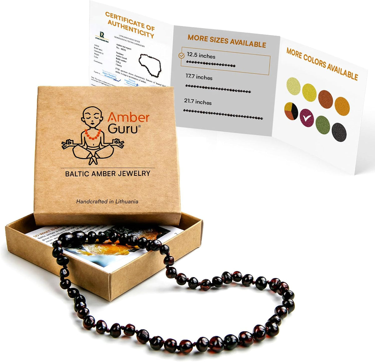 Amber Guru Baltic Amber Necklace (Authentic, Certified) - 12.5 inches - Unisex Jewelry - Polished Real Amber Beads - Proud to Deliver Genuine Baltic Sea Wonder - Handmade