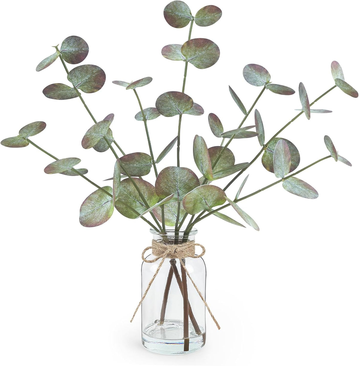 Bessol Artificial Eucalyptus Stems in Glass Vase with Faux Water, 13.5" Fake Plants for Home Decor, Coffee Table Centerpieces, Office, Bathroom & Farmhouse - Green Faux Plants Decorations