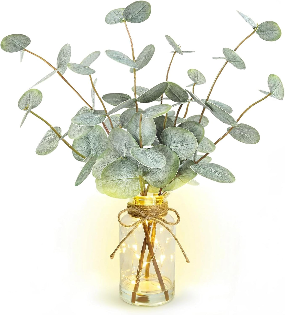 Bessol Artificial Eucalyptus Stems in Glass Vase with Faux Water, 13.5" Fake Plants for Home Decor, Coffee Table Centerpieces, Office, Bathroom & Farmhouse - Green Faux Plants Decorations