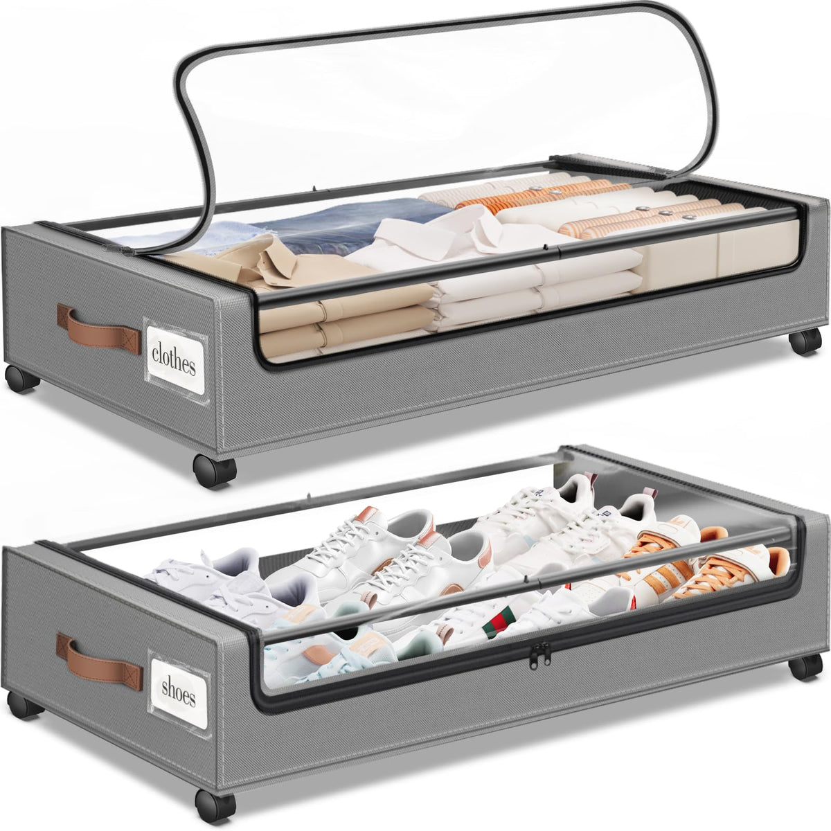 SpaceHacks Under Bed Drawers with Wheels, Clear Window & Label - Large Capacity Rolling Storage for Clothes, Shoes, Blankets