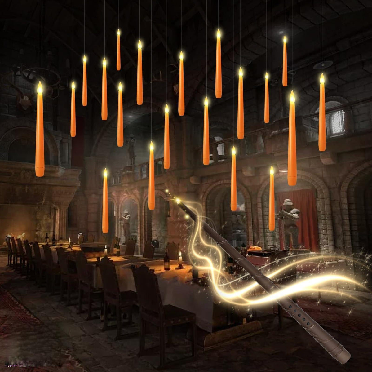 kakoya Flameless Floating Candles with Wand，20 Pcs Magic LED Hanging Taper Candles，Flickering Battery Operated Taper Candle with Wand Remote for Halloween Decorations Best Gift（White）