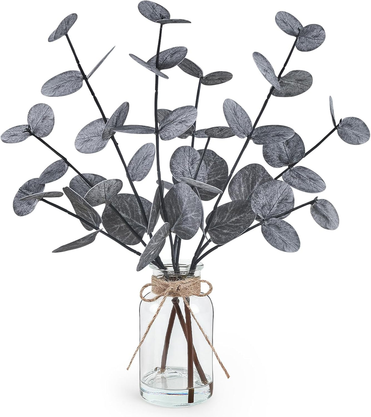 Bessol Artificial Eucalyptus Stems in Glass Vase with Faux Water, 13.5" Fake Plants for Home Decor, Coffee Table Centerpieces, Office, Bathroom & Farmhouse - Green Faux Plants Decorations