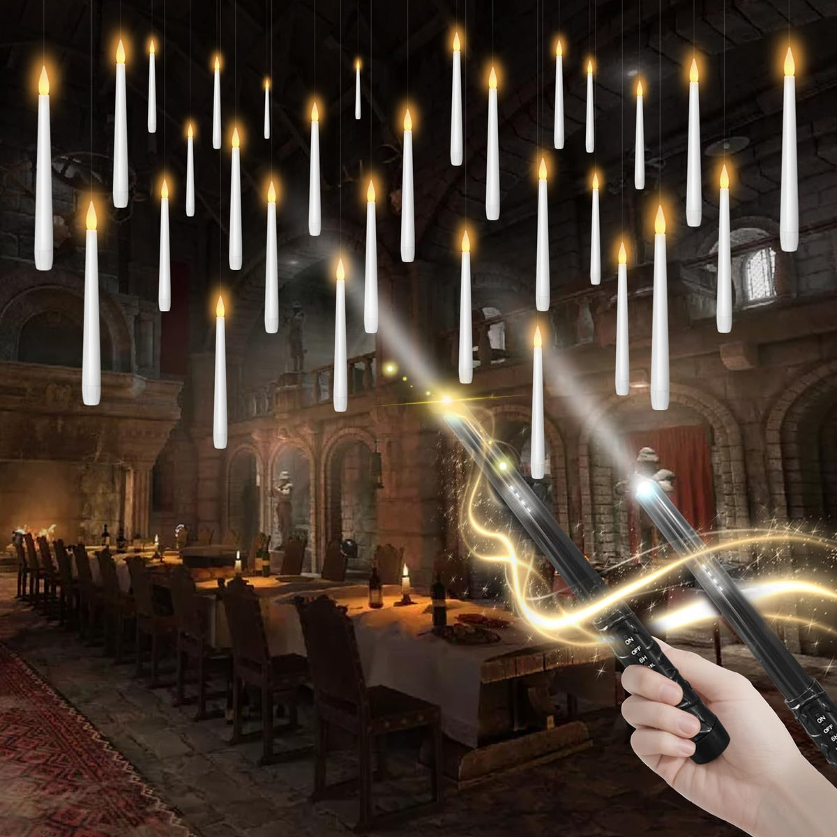 kakoya Flameless Floating Candles with Wand，20 Pcs Magic LED Hanging Taper Candles，Flickering Battery Operated Taper Candle with Wand Remote for Halloween Decorations Best Gift（White）