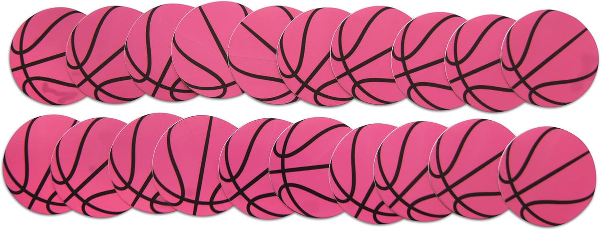 Novel Merk Pink Basketball Sports Ball Vinyl Stickers - 2” Round Individual Decals for Laptop, Water Bottle, Phone, Party Favors, & Decor - Adheres to Clean Surfaces Waterproof & Repositionable (20
