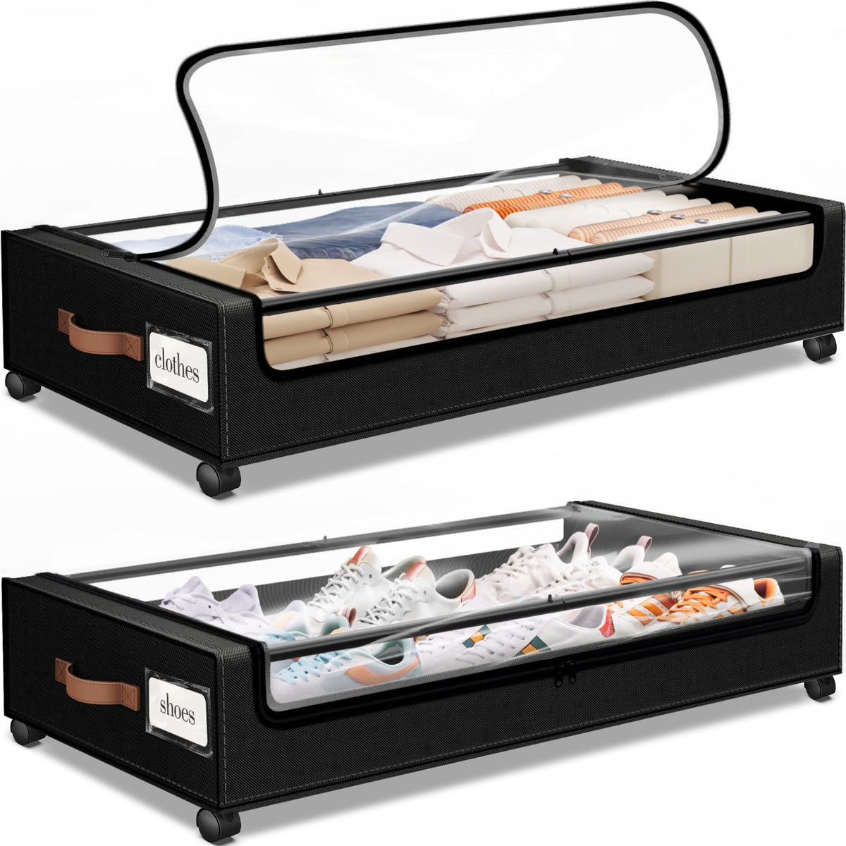 SpaceHacks Under Bed Drawers with Wheels, Clear Window & Label - Large Capacity Rolling Storage for Clothes, Shoes, Blankets