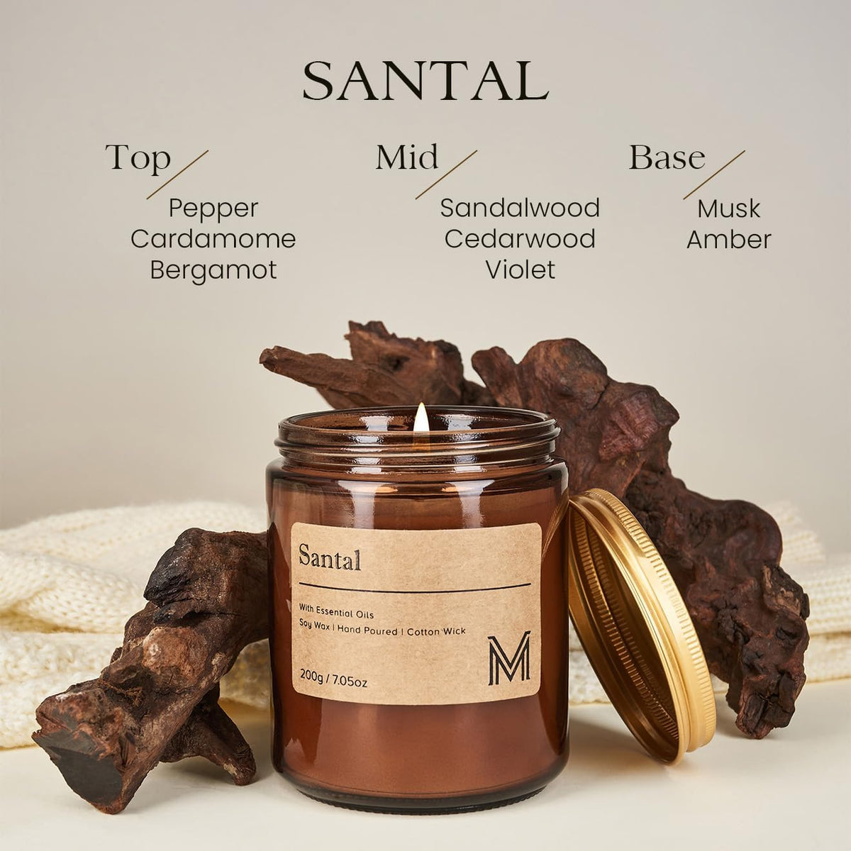 M&SENSE Santal Scented Small Candle, 7.5Oz Aromatherapy Candle for Home Fragrance, Soy Wax Candles Gift for Birthday, Housewarming, Amber Jar Candle for Stress Relief