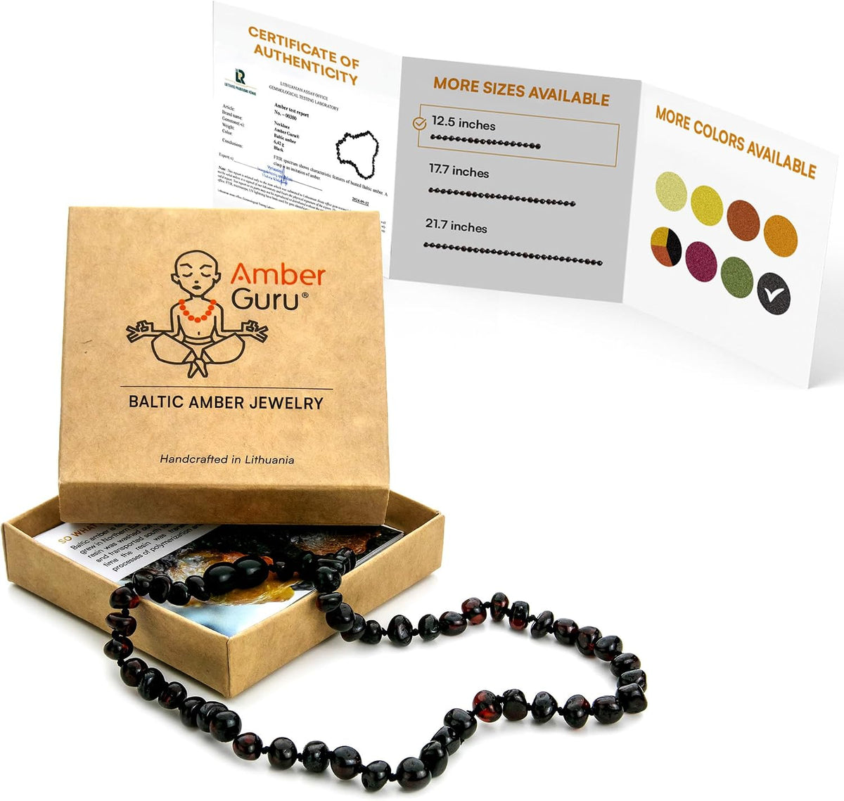 Amber Guru Baltic Amber Necklace (Authentic, Certified) - 12.5 inches - Unisex Jewelry - Polished Real Amber Beads - Proud to Deliver Genuine Baltic Sea Wonder - Handmade