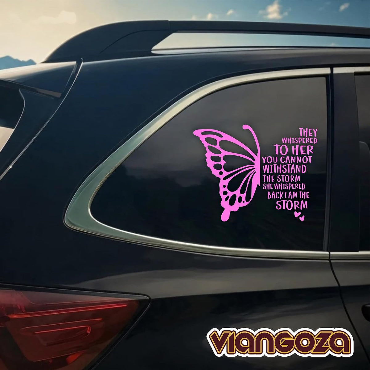 They Whispered to Her I Am the Storm Car Decal Pink Butterfly Stickers Christian Inspiration Decals Vinyl Waterproof 8 inch Bumper Sticker for Trucks Window Car Accessories Gifts for Mom