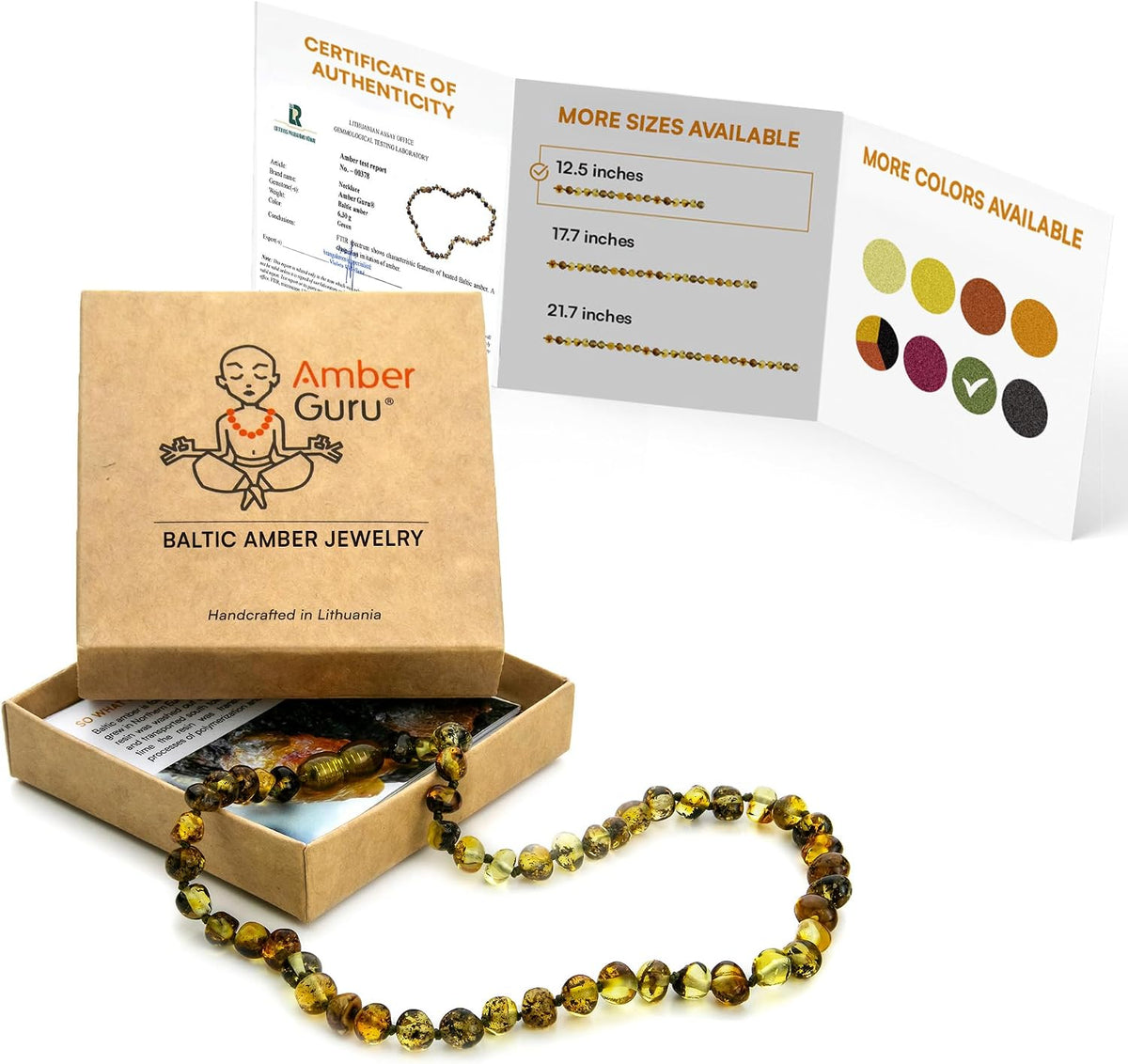 Amber Guru Baltic Amber Necklace (Authentic, Certified) - 12.5 inches - Unisex Jewelry - Polished Real Amber Beads - Proud to Deliver Genuine Baltic Sea Wonder - Handmade