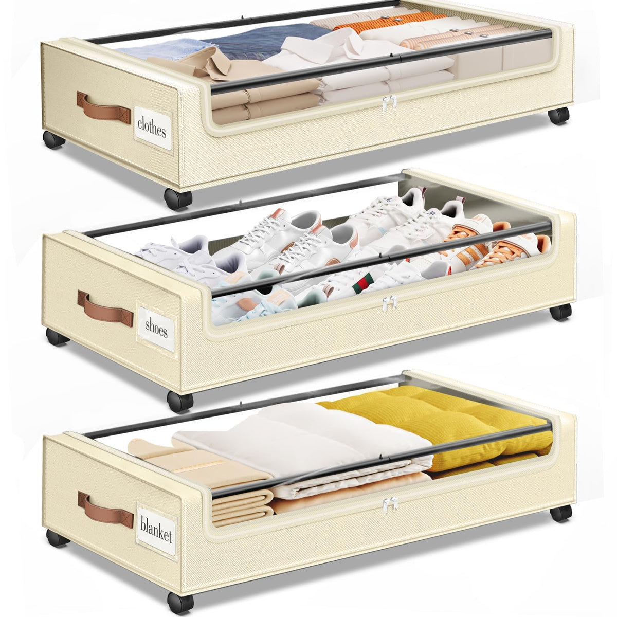 SpaceHacks Under Bed Drawers with Wheels, Clear Window & Label - Large Capacity Rolling Storage for Clothes, Shoes, Blankets