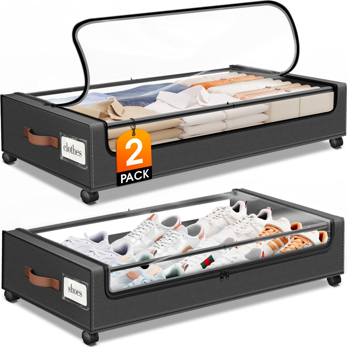 SpaceHacks Under Bed Drawers with Wheels, Clear Window & Label - Large Capacity Rolling Storage for Clothes, Shoes, Blankets