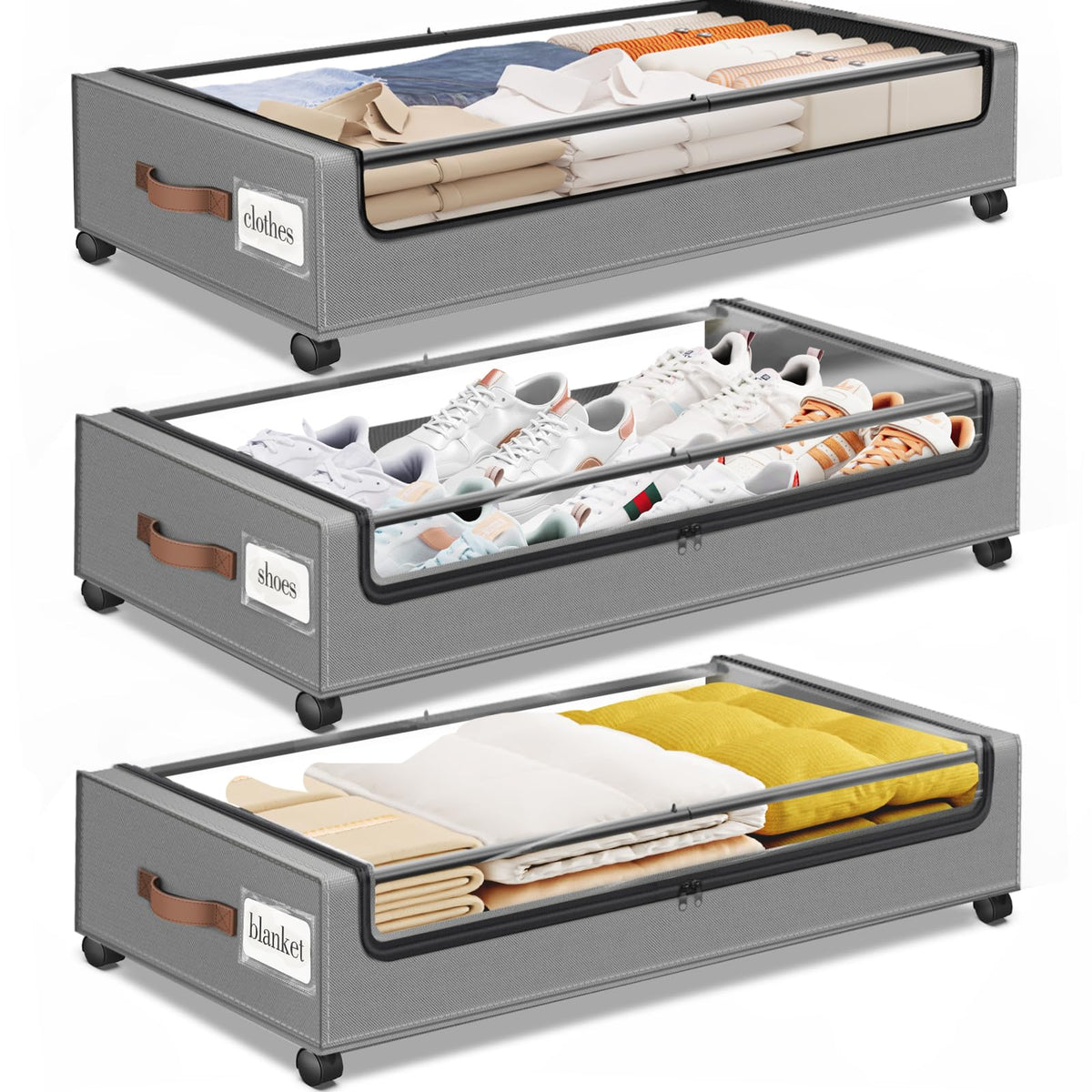 SpaceHacks Under Bed Drawers with Wheels, Clear Window & Label - Large Capacity Rolling Storage for Clothes, Shoes, Blankets