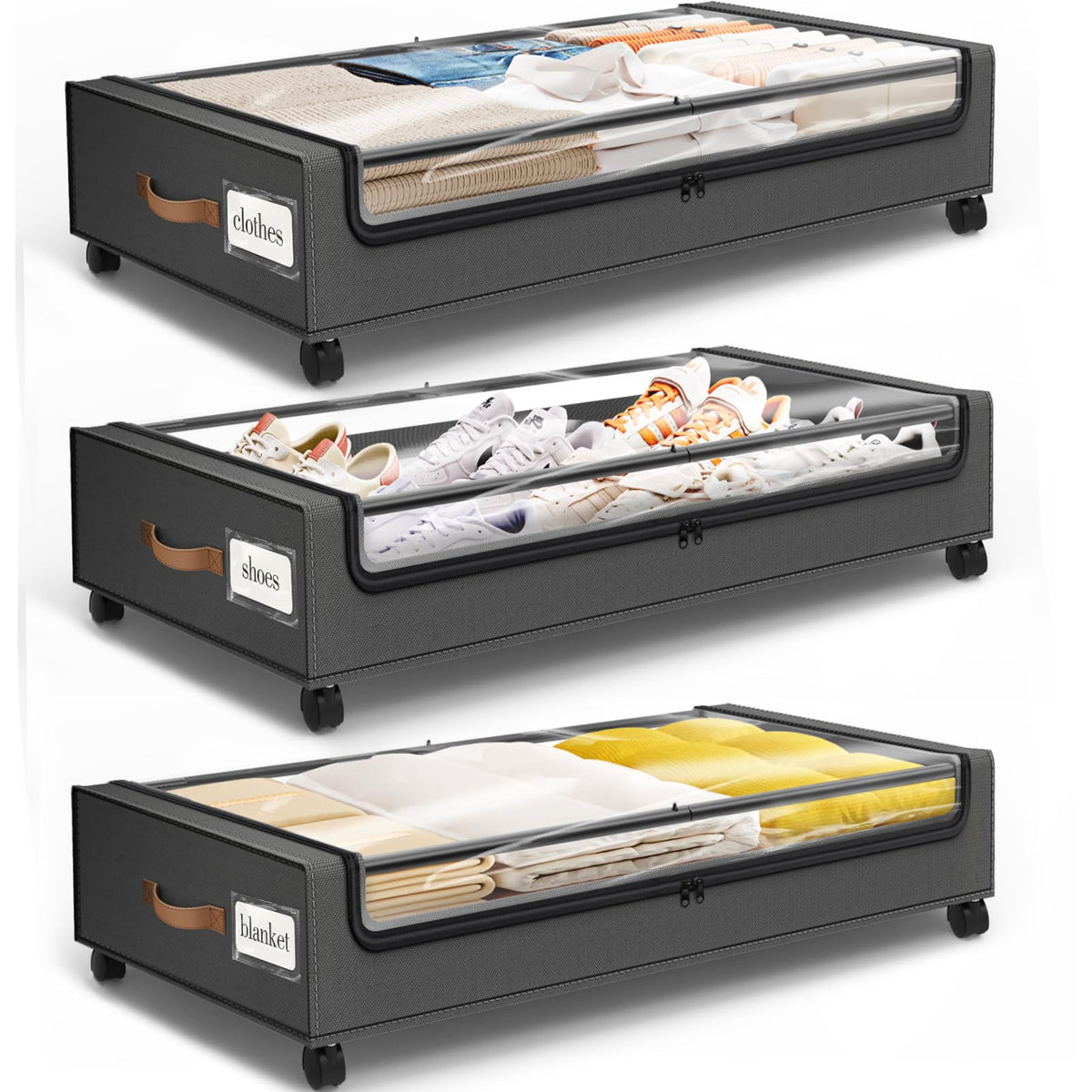 SpaceHacks Under Bed Drawers with Wheels, Clear Window & Label - Large Capacity Rolling Storage for Clothes, Shoes, Blankets