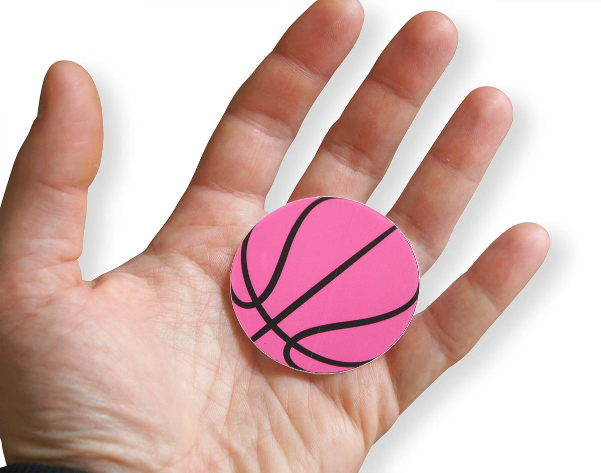 Novel Merk Pink Basketball Sports Ball Vinyl Stickers - 2” Round Individual Decals for Laptop, Water Bottle, Phone, Party Favors, & Decor - Adheres to Clean Surfaces Waterproof & Repositionable (20