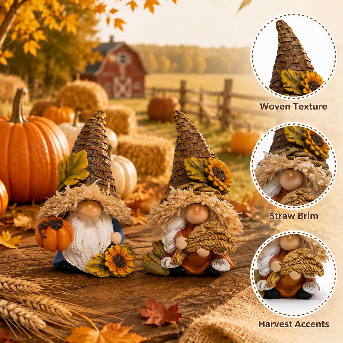 Hodao Thanksgiving Decor Harvest Elf Figurines with Pumpkin Sunflower