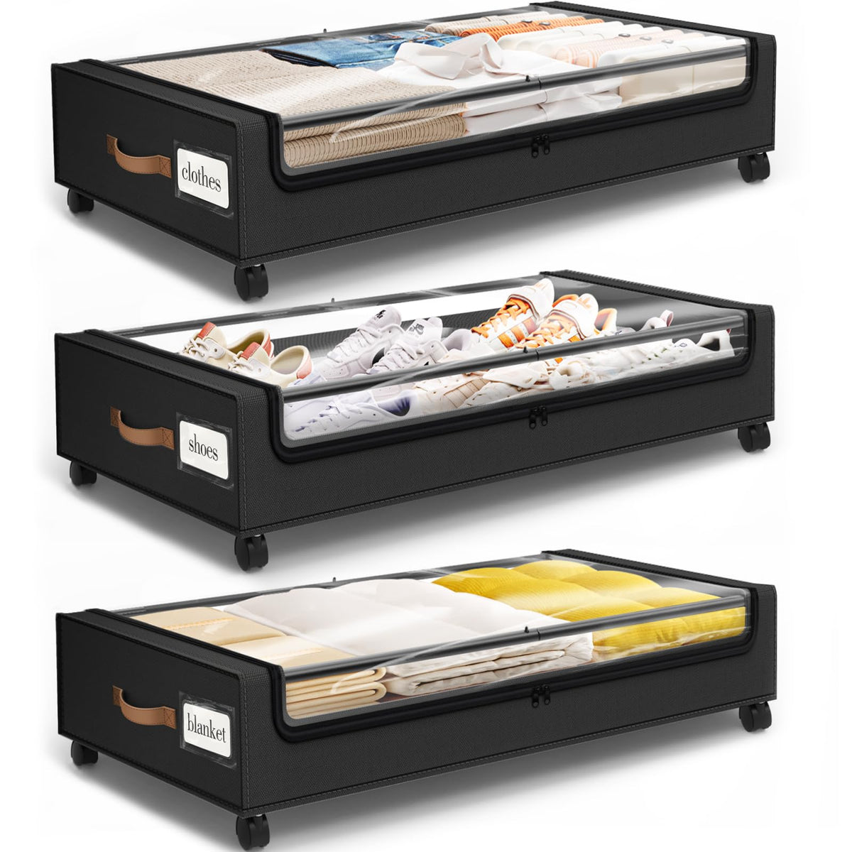SpaceHacks Under Bed Drawers with Wheels, Clear Window & Label - Large Capacity Rolling Storage for Clothes, Shoes, Blankets