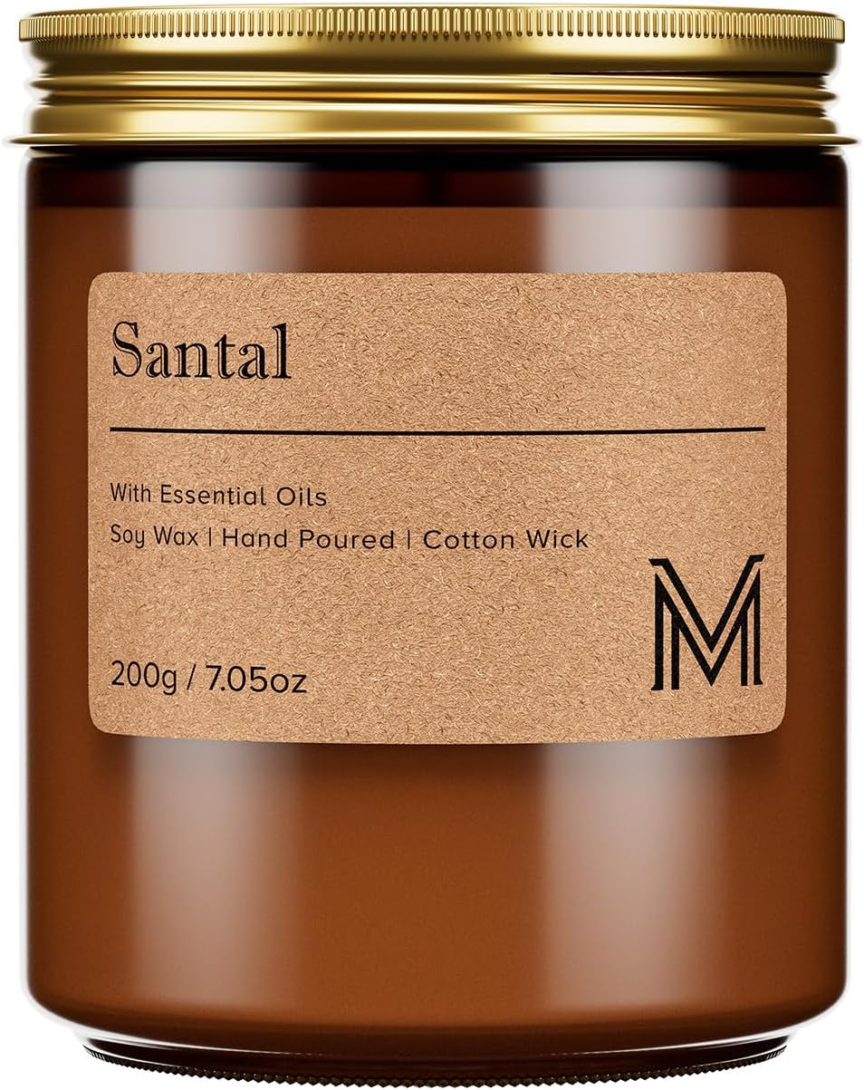 M&SENSE Santal Scented Small Candle, 7.5Oz Aromatherapy Candle for Home Fragrance, Soy Wax Candles Gift for Birthday, Housewarming, Amber Jar Candle for Stress Relief