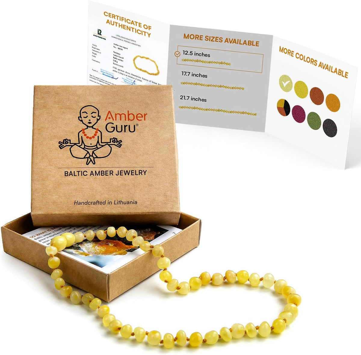 Amber Guru Baltic Amber Necklace (Authentic, Certified) - 12.5 inches - Unisex Jewelry - Polished Real Amber Beads - Proud to Deliver Genuine Baltic Sea Wonder - Handmade