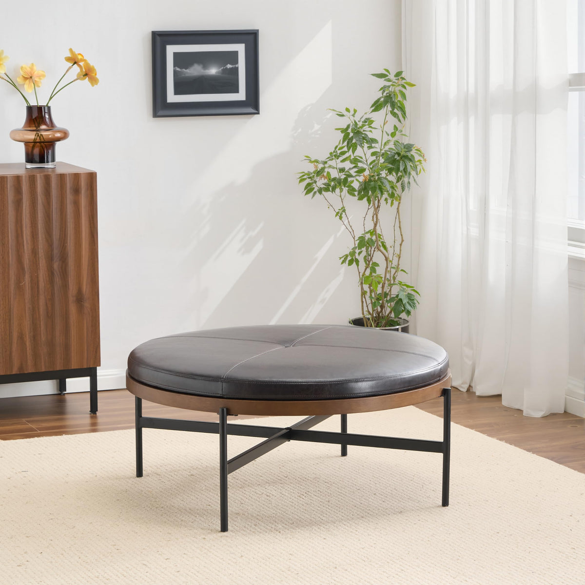 Christopher Knight Home Neapo Round Ottoman, Cocktail Ottoman, Upholstery Coffee Table, X Shape Legs, Comfortable Footstool, Durable Metal Frame, Spacious Seating for Living Room Entryway, Beige+Black
