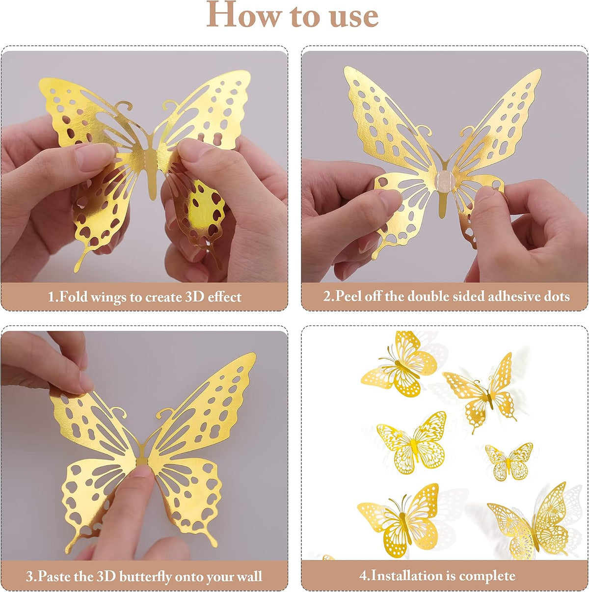 SAOROPEB 3D Butterfly Wall Decor 48 Pcs Gold Butterfly Birthday Decorations