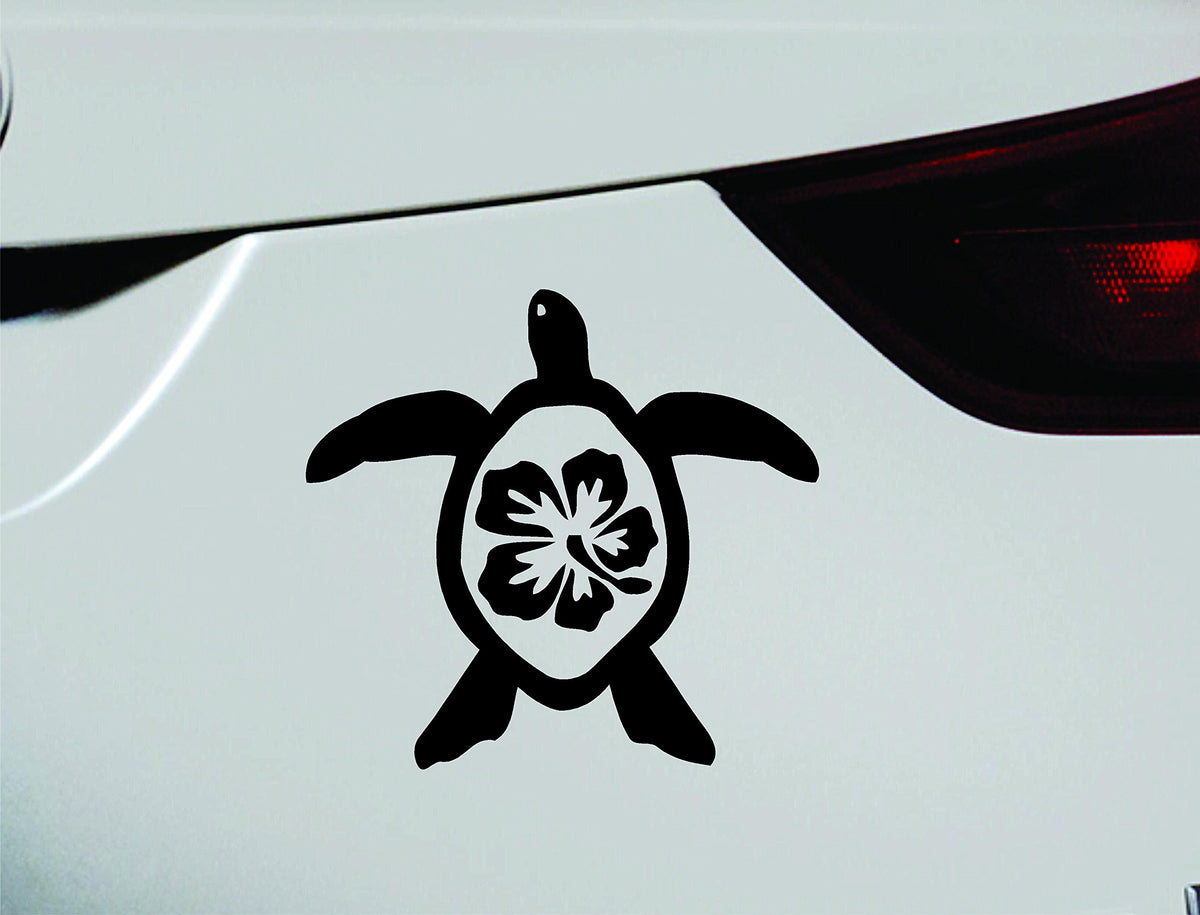 ExpressDecor Hibiscus Turlte Honu Green Sea Turtle Flower Hawaii Aloha Symbol Decal Funny Car Truck Sticker Window (White)