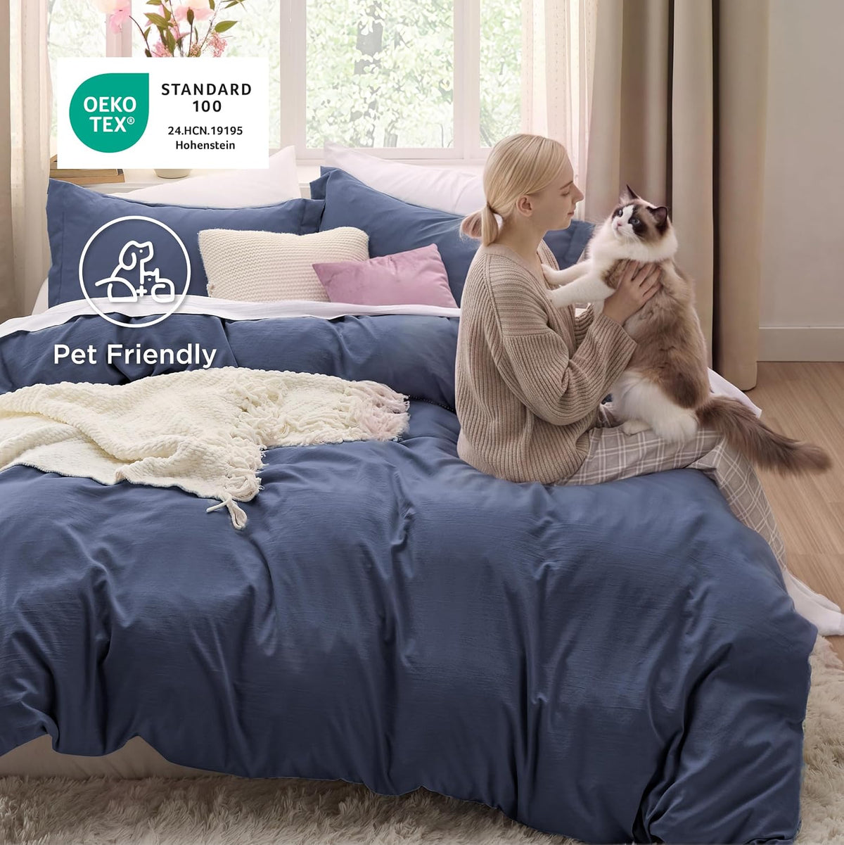 Bedsure Prewashed Duvet Cover Queen, Cotton-Like Soft Bedding Set, Navy