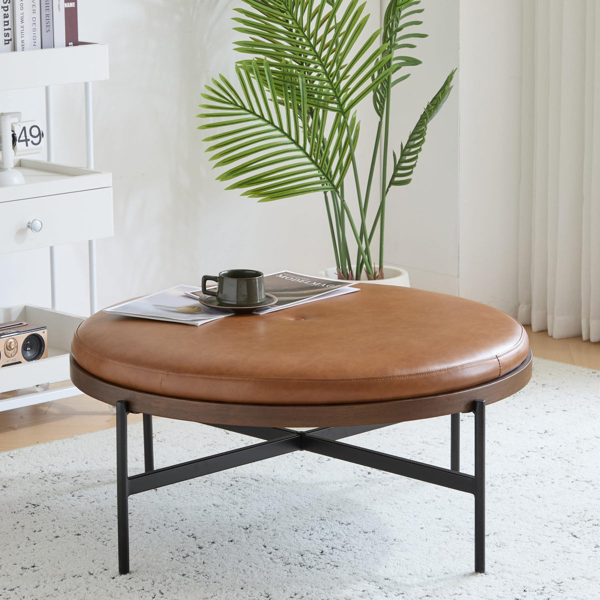 Christopher Knight Home Neapo Round Ottoman, Cocktail Ottoman, Upholstery Coffee Table, X Shape Legs, Comfortable Footstool, Durable Metal Frame, Spacious Seating for Living Room Entryway, Beige+Black