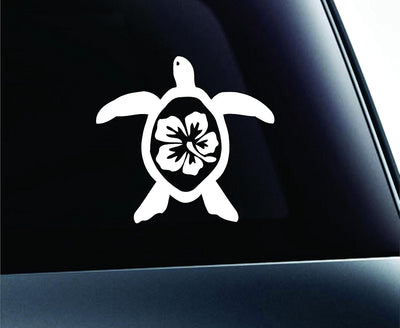 ExpressDecor Hibiscus Turlte Honu Green Sea Turtle Flower Hawaii Aloha Symbol Decal Funny Car Truck Sticker Window (White)