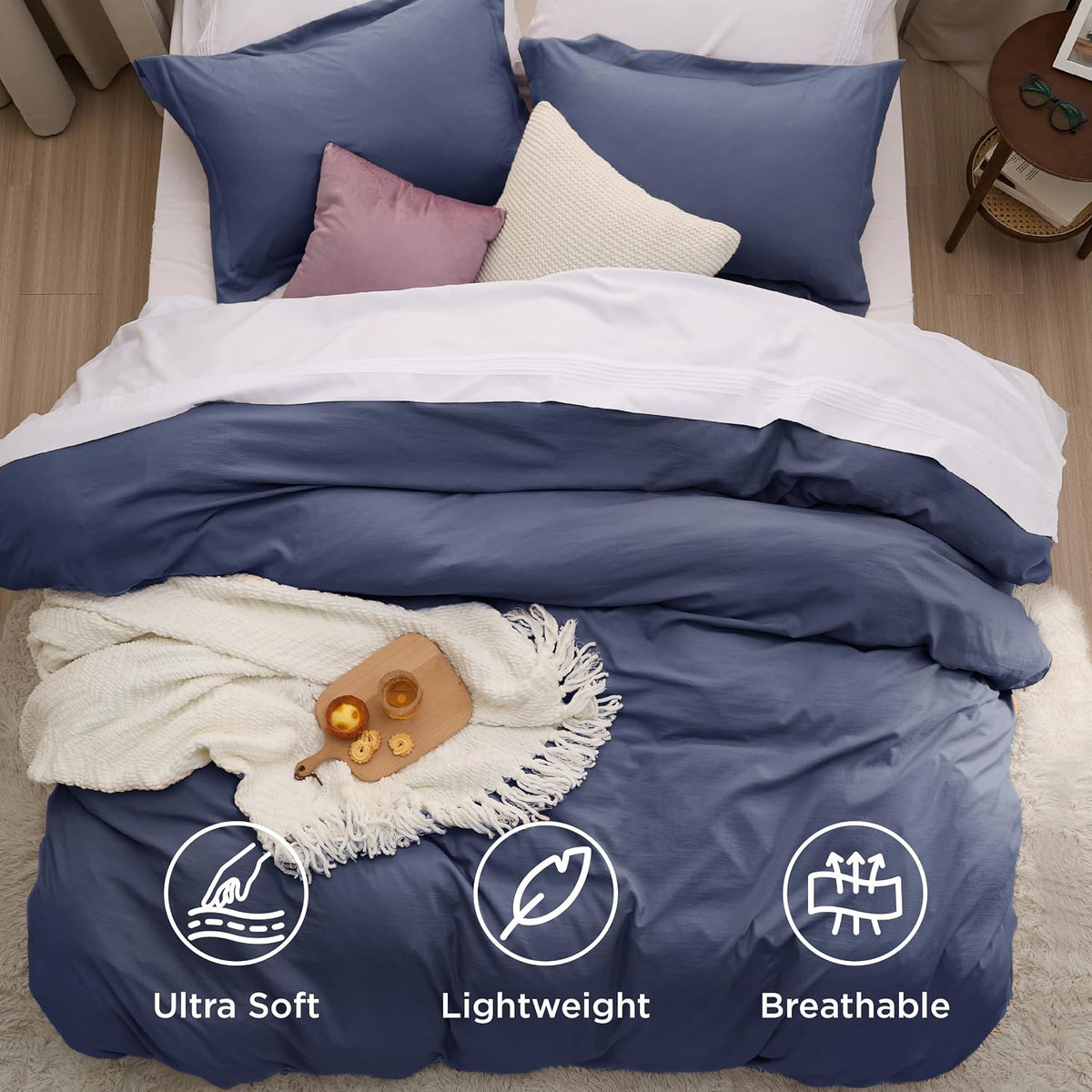Bedsure Prewashed Duvet Cover Queen, Cotton-Like Soft Bedding Set, Navy